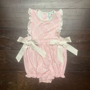 The Smocked Flamingo Pink Trellis Bow Knit Bubble 12month